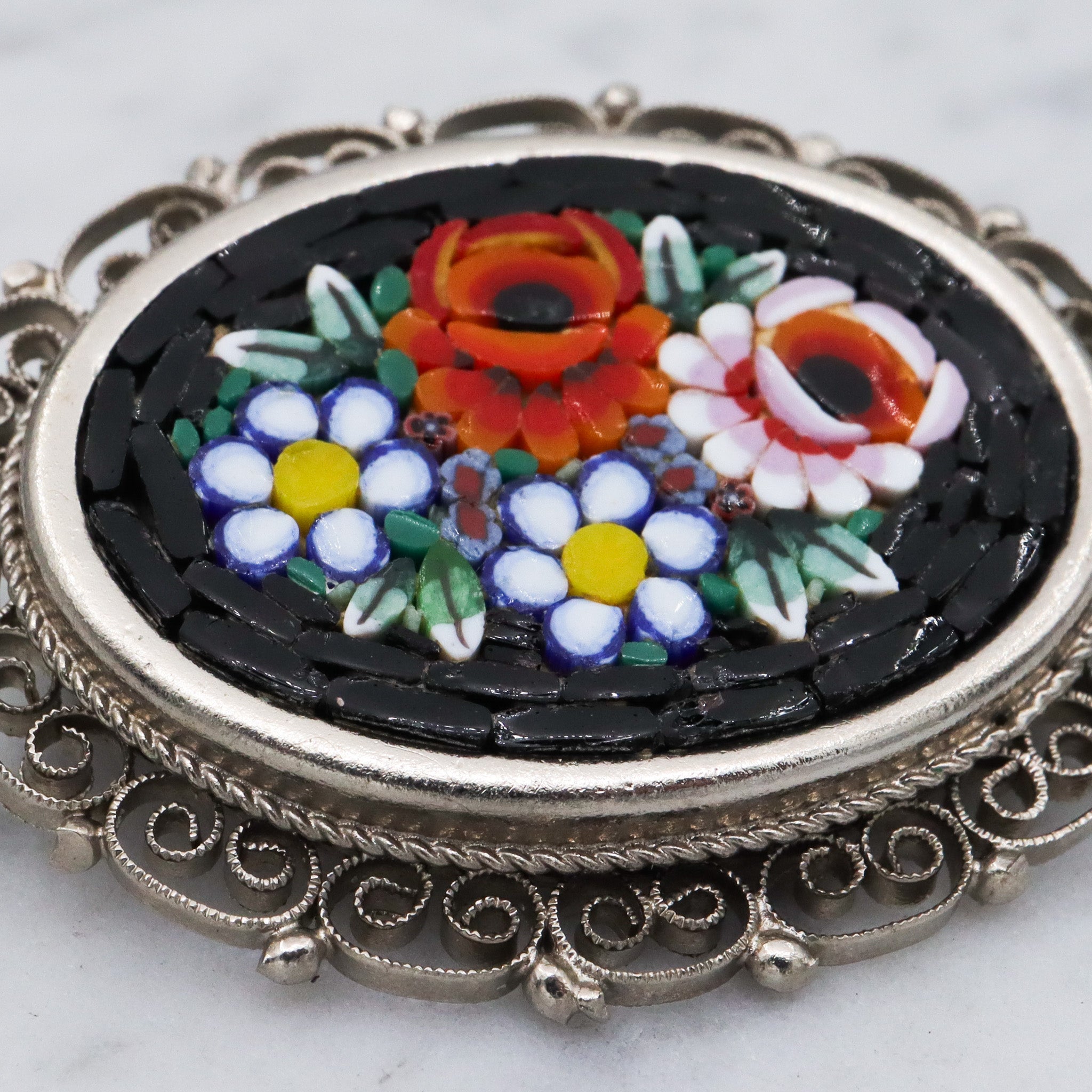 Vintage Spanish silver tone micro mosaic tile brooch